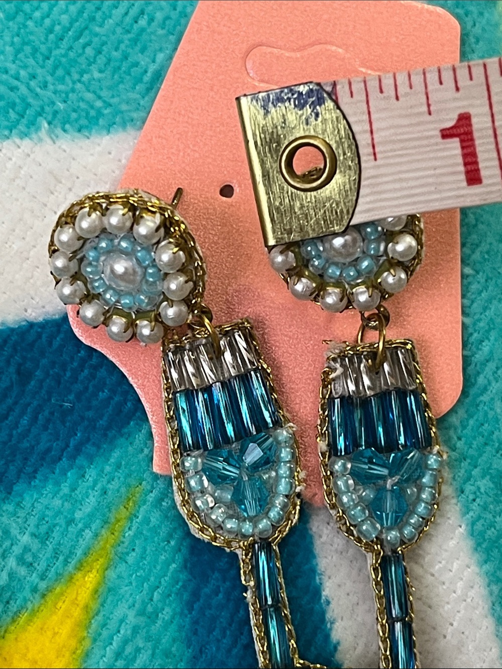 Hand Crafted Teal and White Beaded Champagne Glass Drop Earrings - Picture 5 of 6